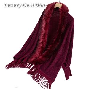 Plush Faux Fur Leopard Retro Fringe Boho Oversized Poncho Knit Cardigan Jacket